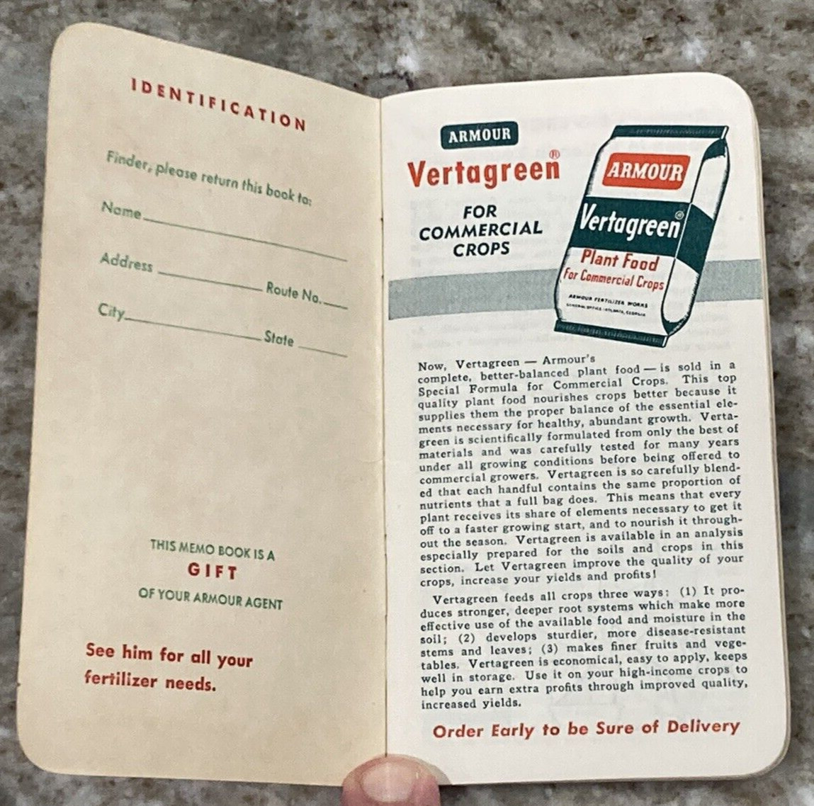 ARMOUR VERTAGREEN Fertilizer Memo Booklet 1953 Agriculture Ad Memo Book A993