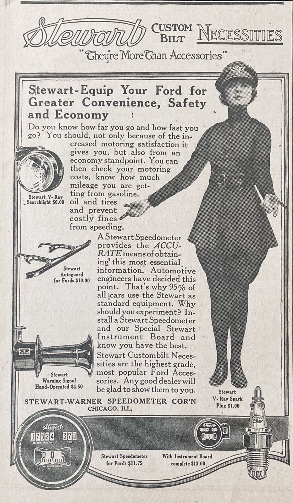 1919 AD.(XG8)~STEWART-WARNER SPEEDOMETER CO. CHICAGO. CUSTOM BUILT NECESSITIES