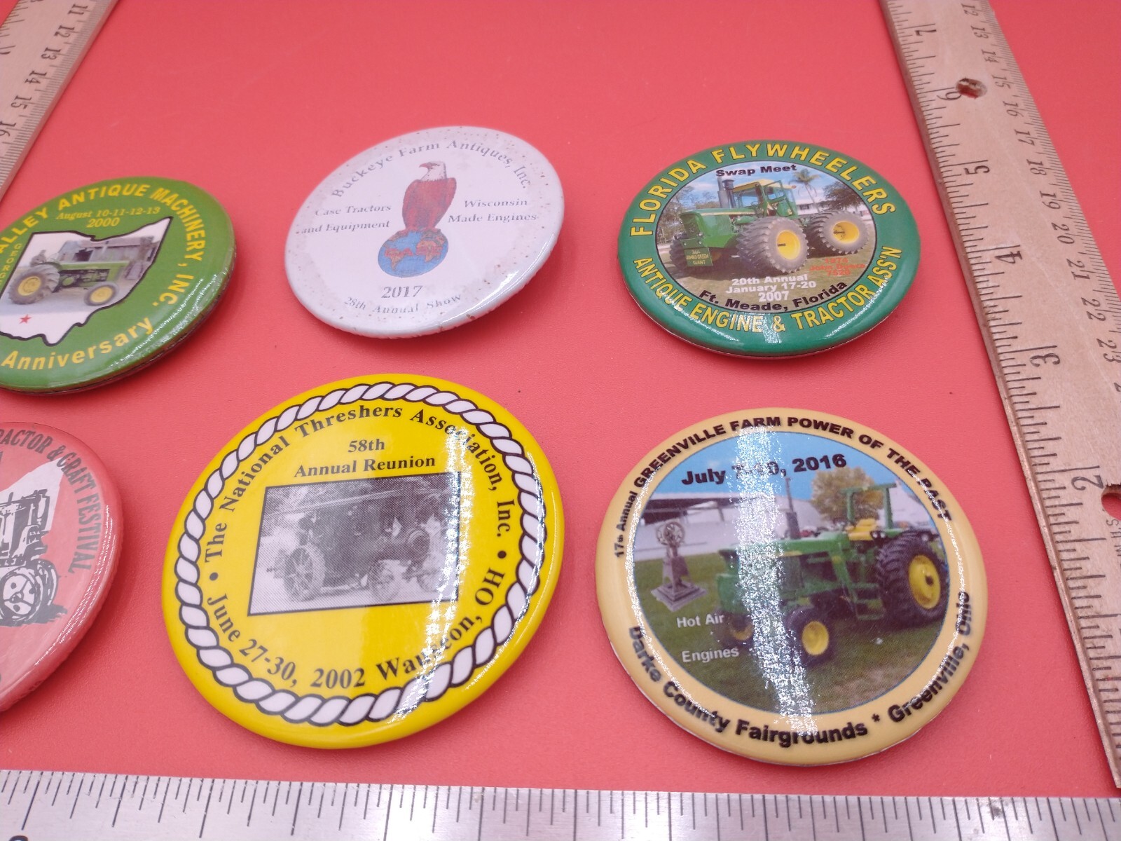Lot of 6 various pinback buttons. Threshers, antique farm, tractors, Ag #1380