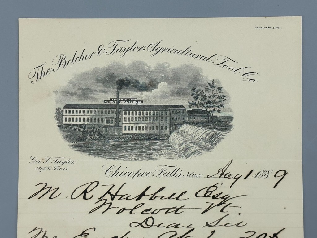 1889 BELCHER & TAYLOR Agricultural Tool FARM Stamp Letterhead CHICOPEE FALLS MA