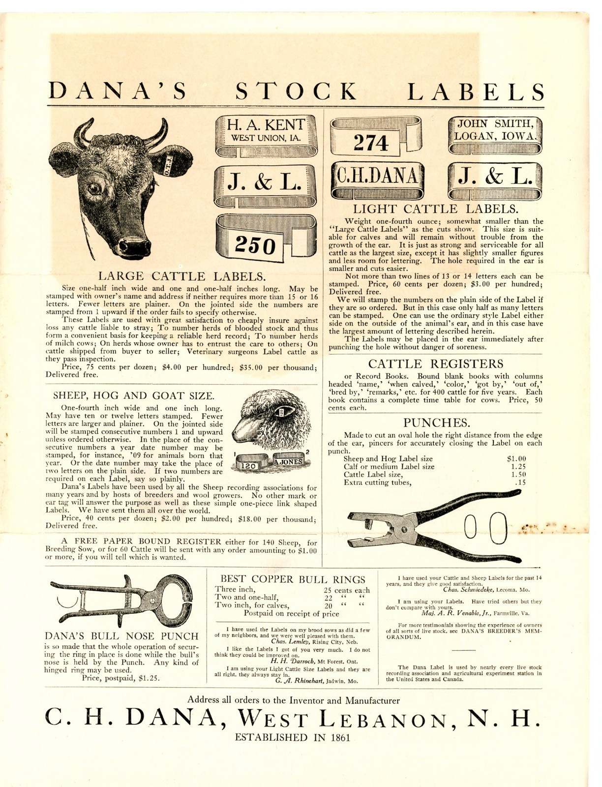 Dana&rsquo;s Stock Labels & Breeder Memorandum C H Dana West Lebanon New Hampshire
