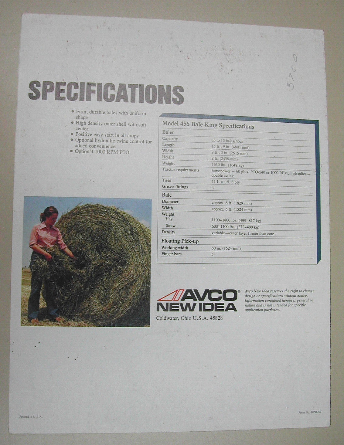 Avco New Idea 456 Round Baler Brochure 8050-34