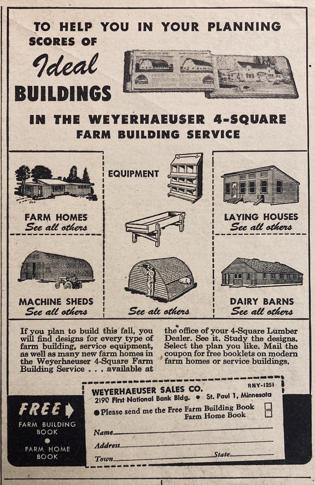 1951 AD.(XH59)~WEYERHAEUSER SALES CO. ST. PAUL, MINN. 4-SQUARE LUMBER BUILDINGS