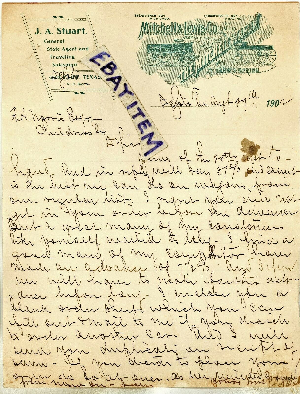 1902 letterhead J A STUART DeSoto Oak Cliff TEXAS Mitchell & Lewis Wagon Company