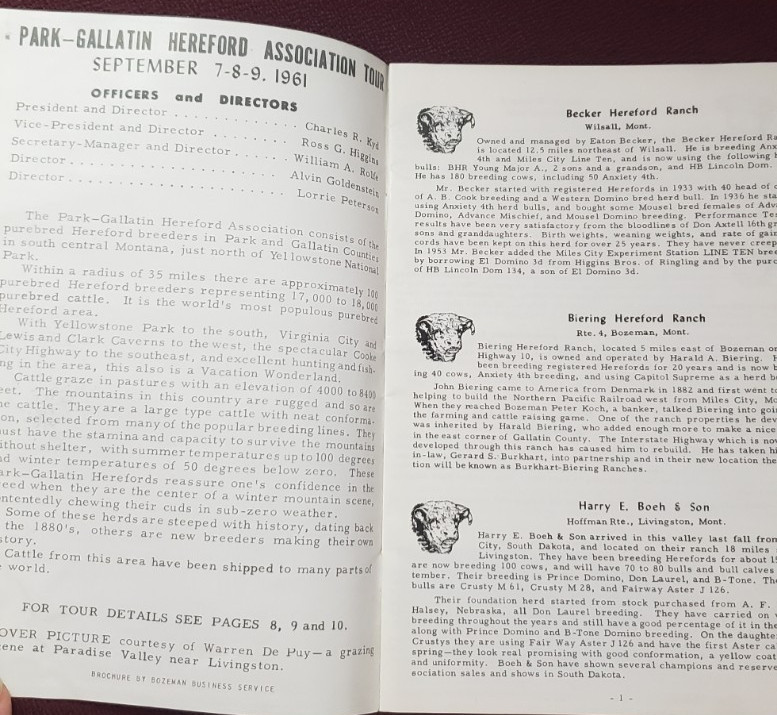 Park Gallatin Hereford Association Cattle Breeding Bozeman MT Booklet 1961