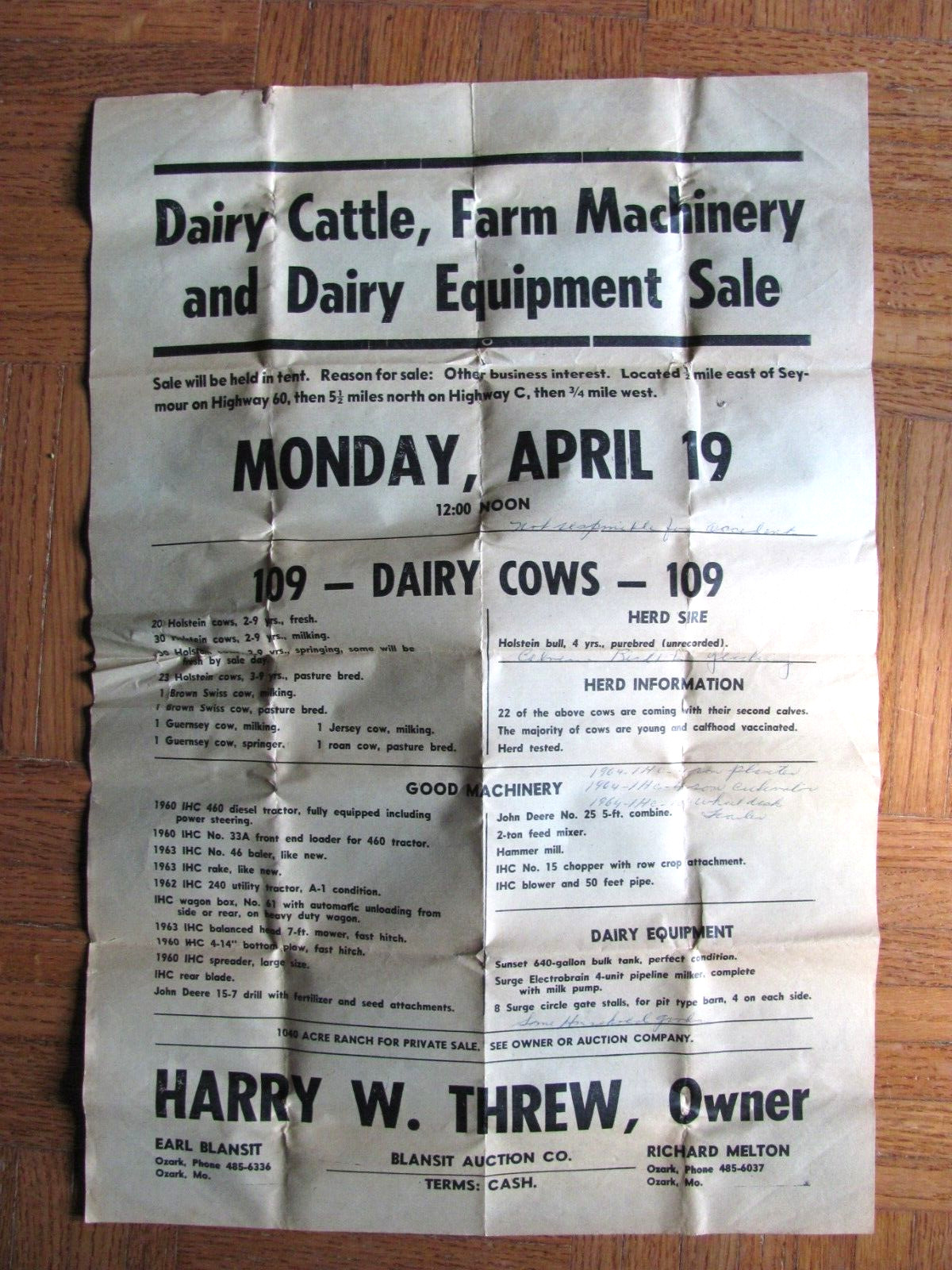 1960&rsquo;S DAIRY FARM AUCTION POSTER SEYMOUR MISSOURI AREA HARRY THREW