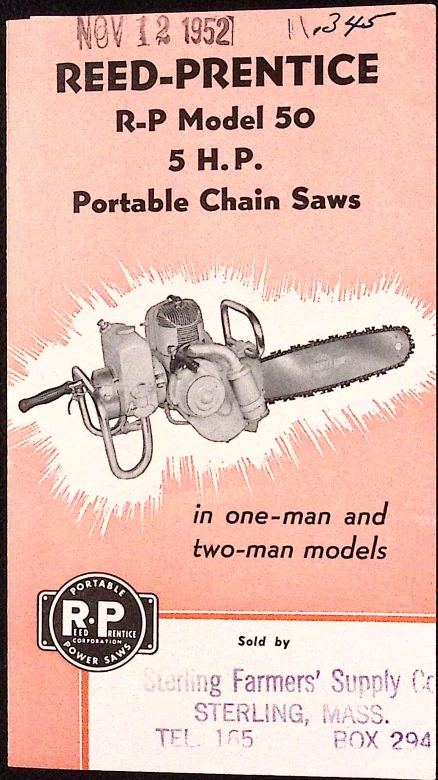 1952 Reed-Prentice R-P Model 50 5 HP Portable Chain Saws Brochure Worcester MA