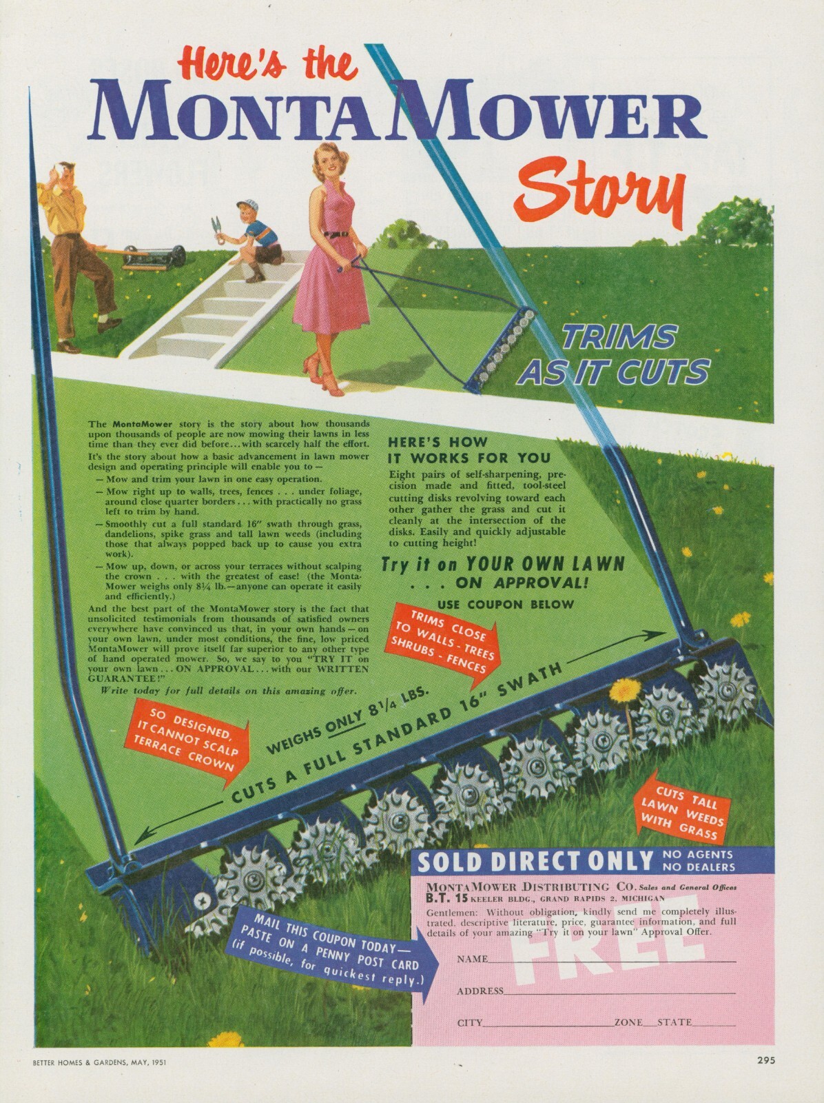 1951 MontaMower Trims As Cuts Woman Pink Dress 16 Swath Vintage Print Ad BH1