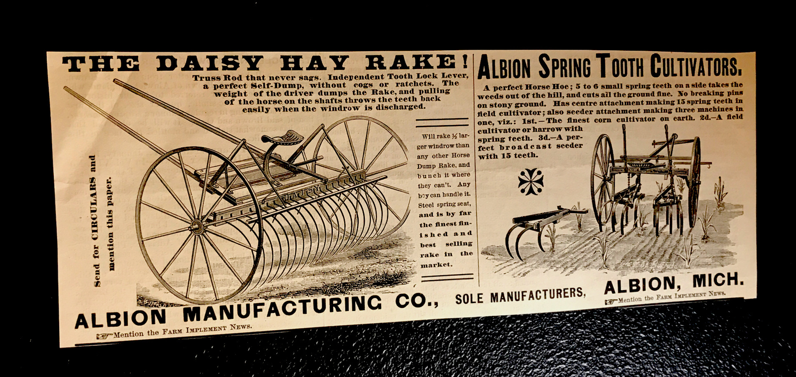 1886 Albion Daisy Rake Farm Engraving Advertising – Albion – Michigan