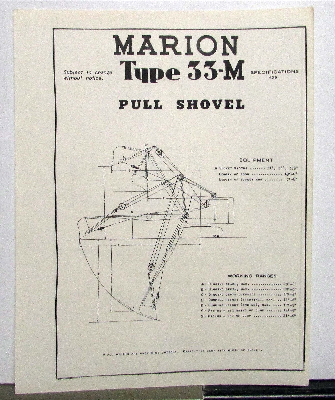 1947 Marion 33M Pull Shovel Specifications Construction Sales Data Sheet