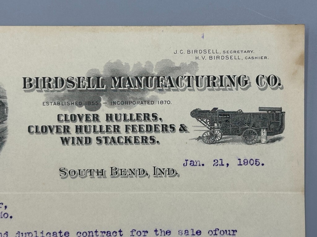 1905 BIRDSELL Clover Huller CONTRACT Letter FARM Advertising SOUTH BEND Indiana