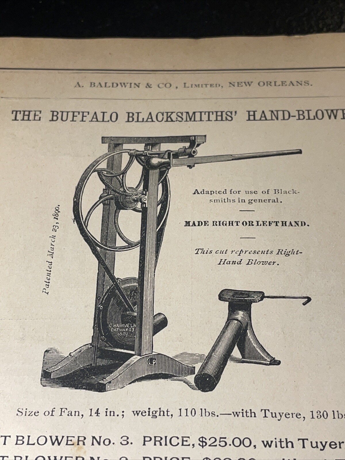 1891 Baldwin – Blacksmith Buffalo Hand Blower – Farm Advertising – New Orleans