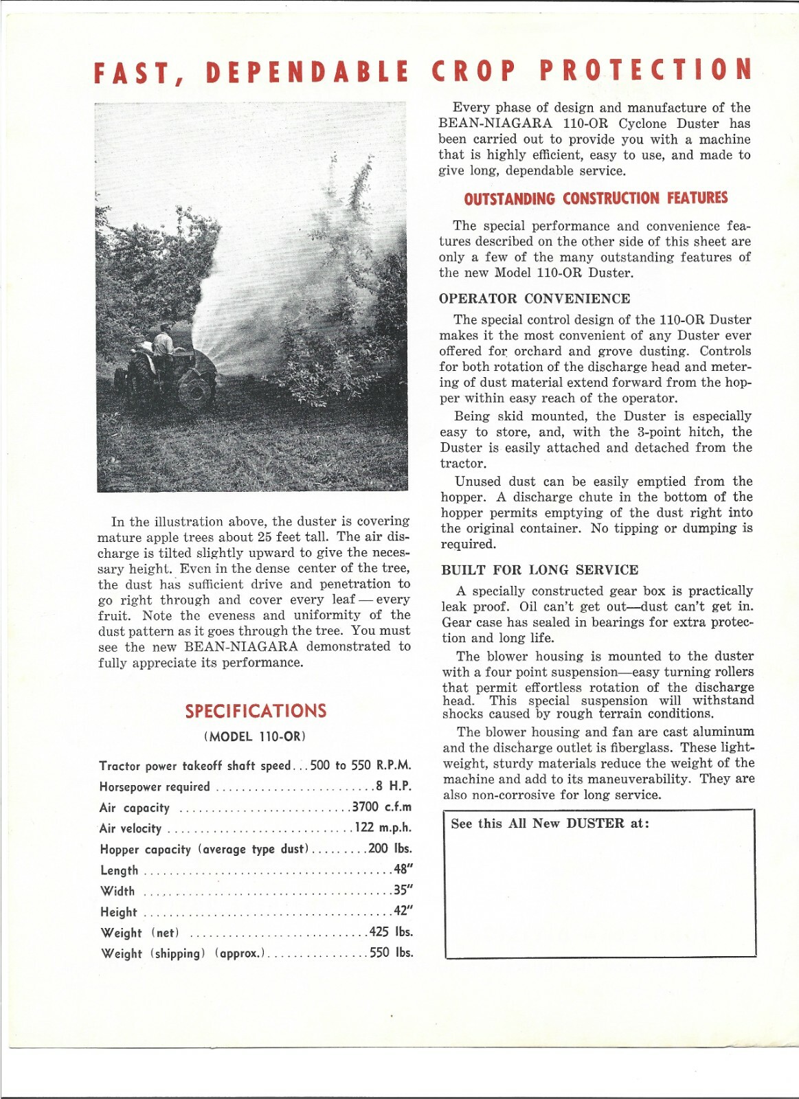 Original OEM John Bean 110-08 Cyclone Orchard Duster Sales Brochure Spec Sheet