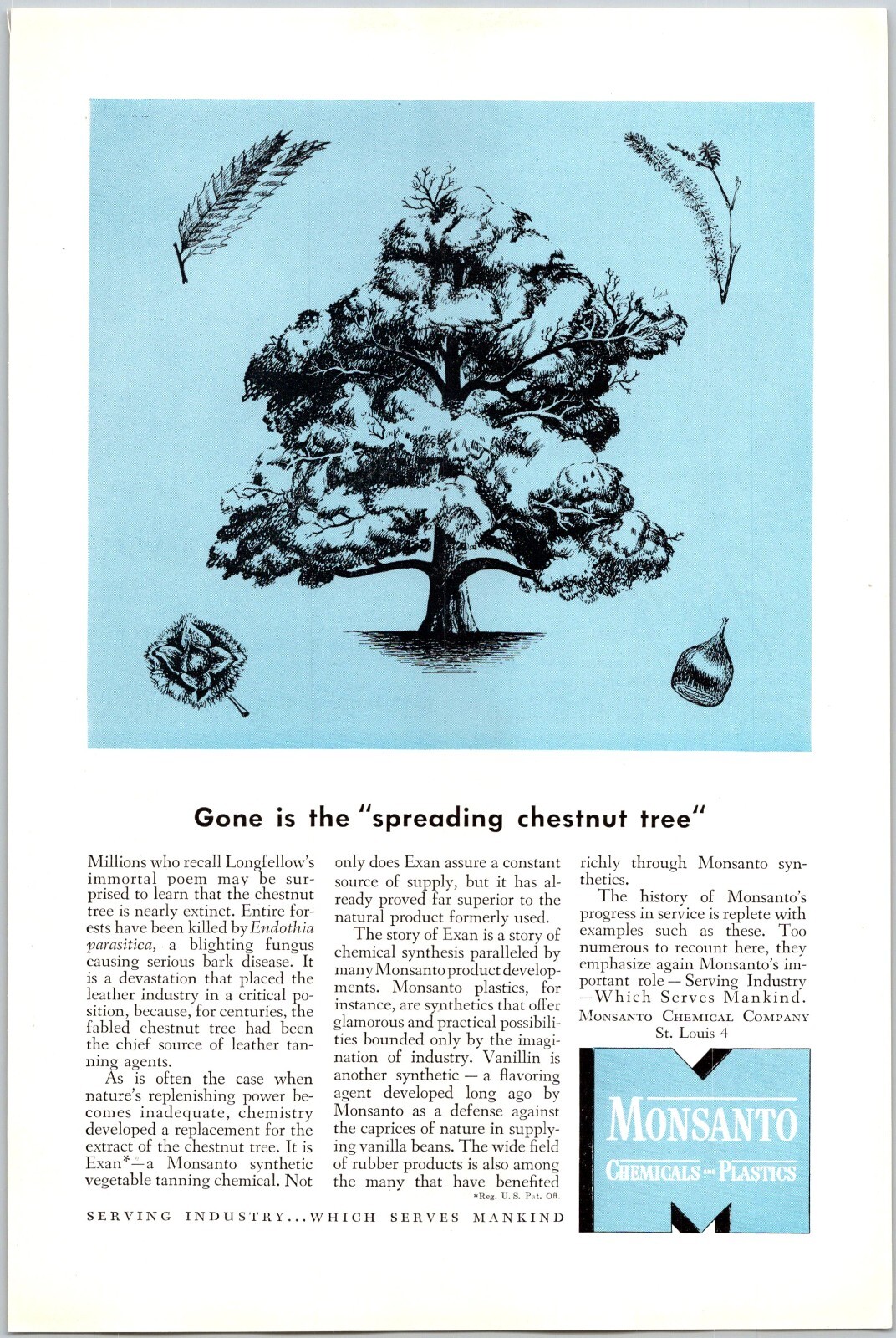 PRINT AD 1946 Monsanto Chemicals Plastics Spreading Chestnut Tree Blue 6.75 x 10