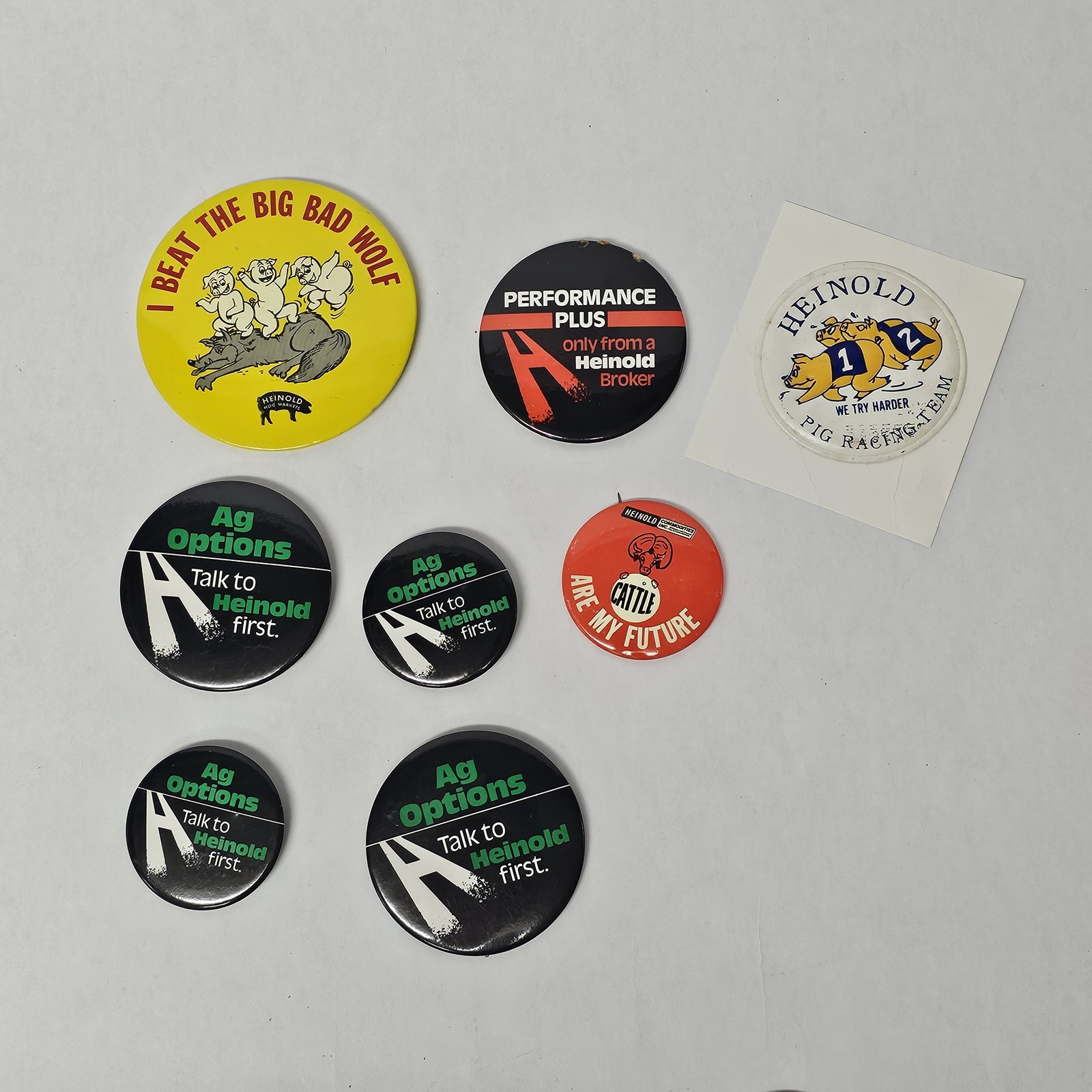 8 Vintage Heinold Hog Markets Ag Cattle Advertising Pinback Button Lot Sticker