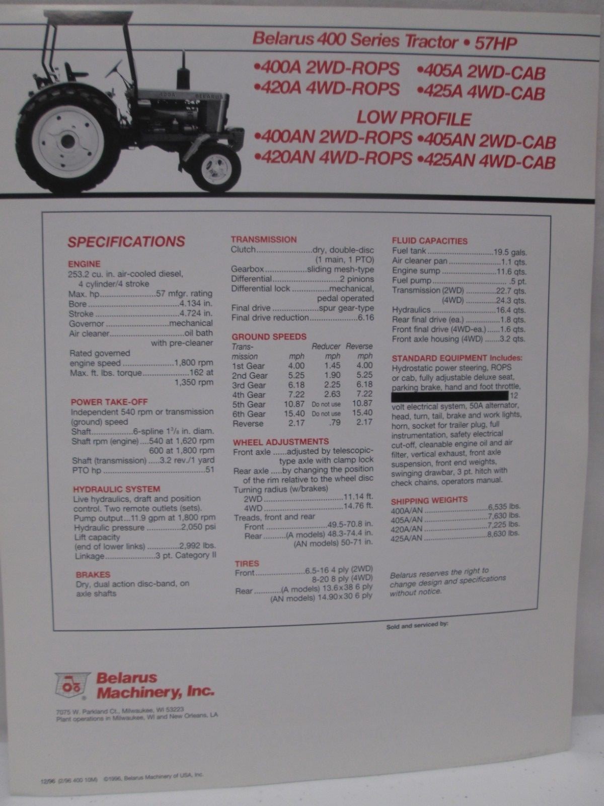 Belarus 400 Series Tractors 57 HP 400A 405A 420A Brochure Specifications 1996