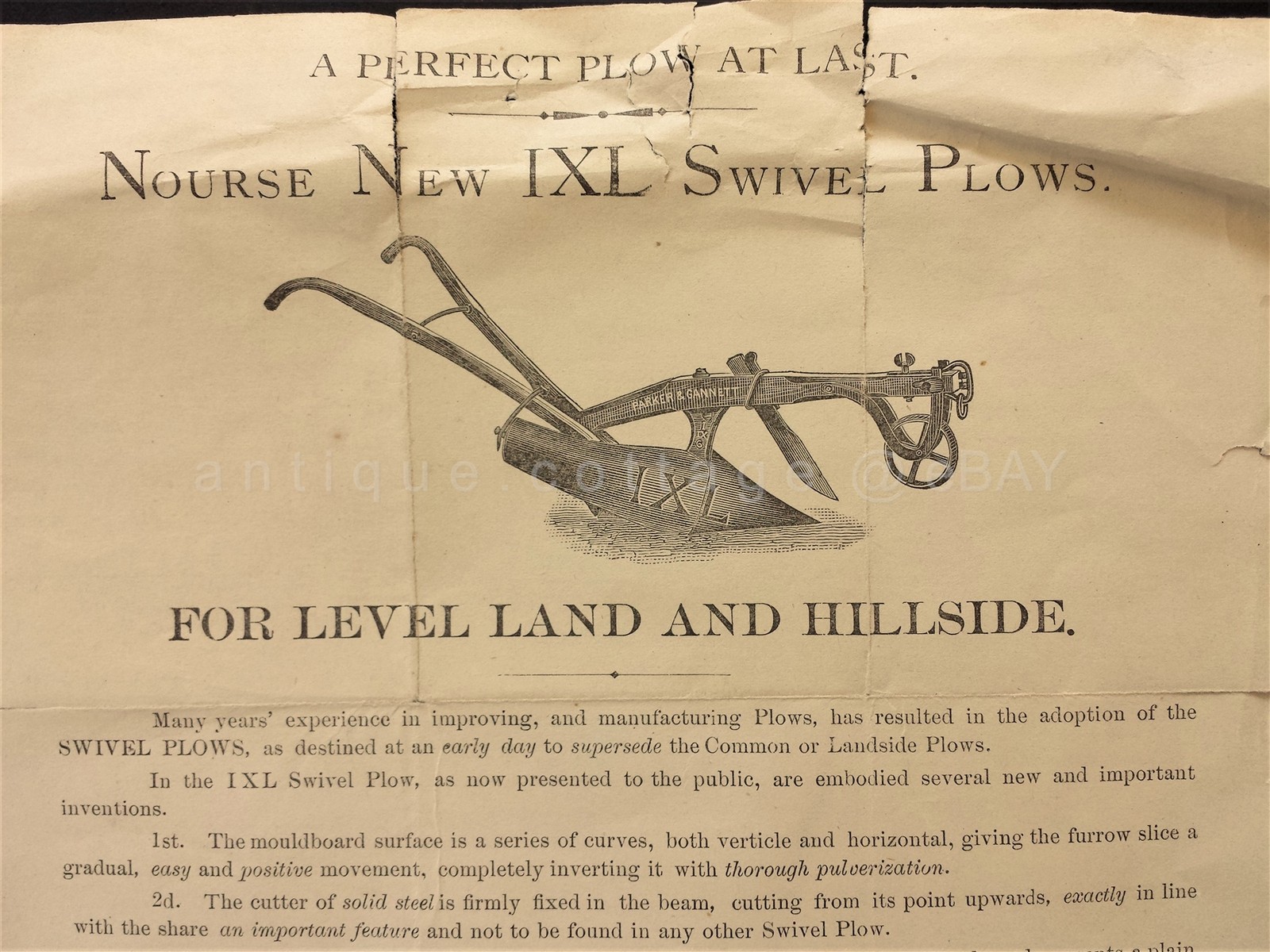1800s antique NOURSE IXL SWIVEL PLOW AD PRICES parker gannett BROADSIDE
