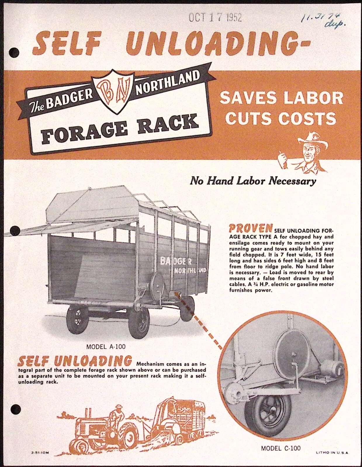 1952 Badger Northland Self Unloading Forage Rack Brochure Kaukauna WI