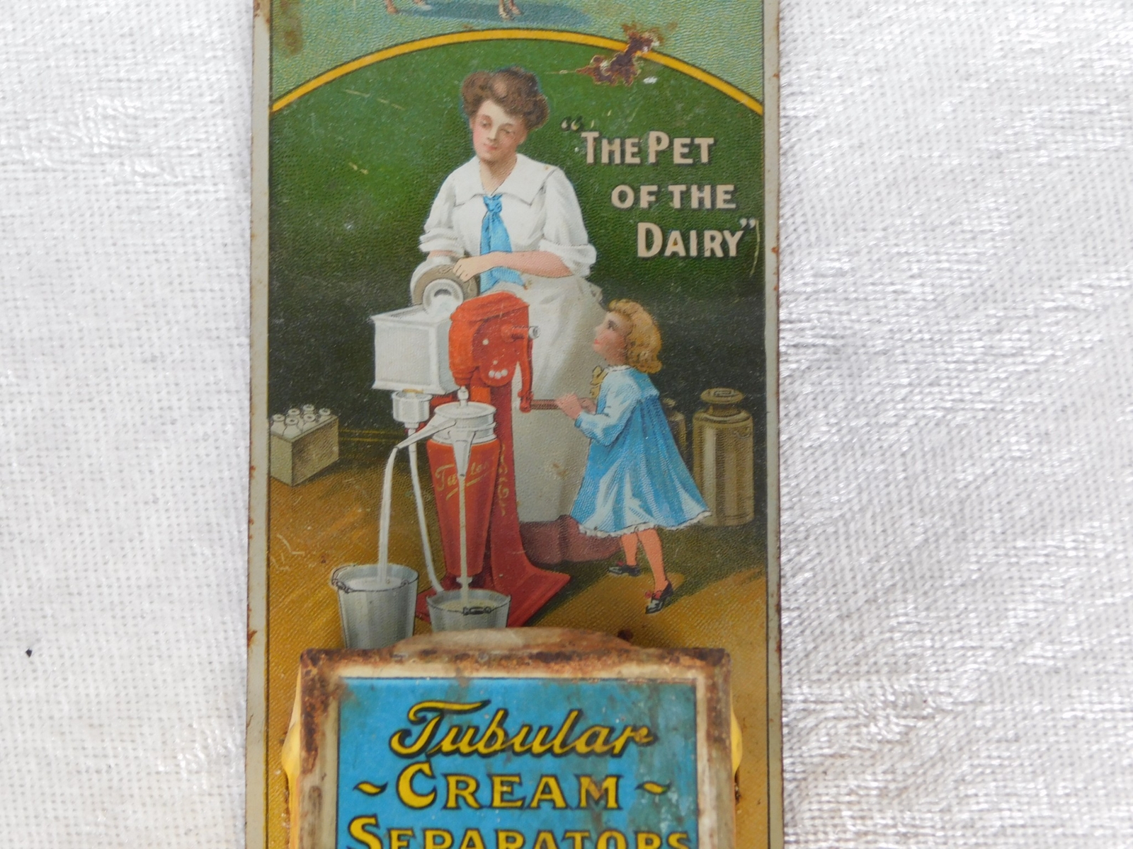 Antique Sharples Tubular Cream Separator Cow Litho Tin Sign Match Holder Safe