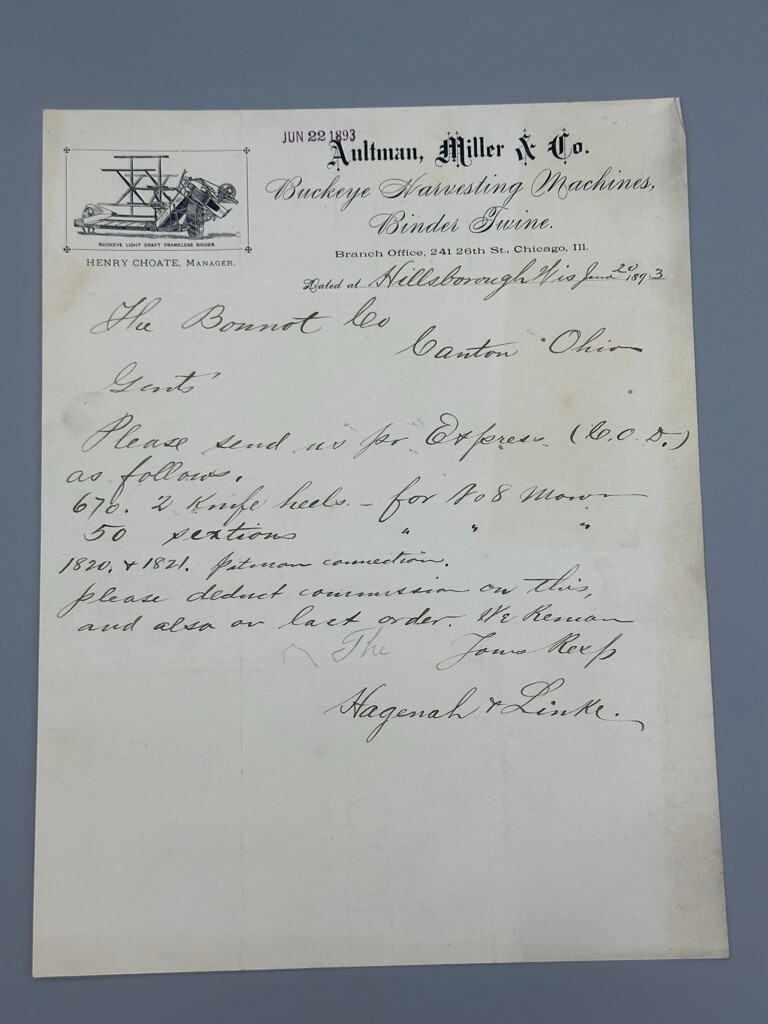 1893 Aultman Miller BUCKEYE HARVESTING MACHINE Antique FARM Advertising Letter