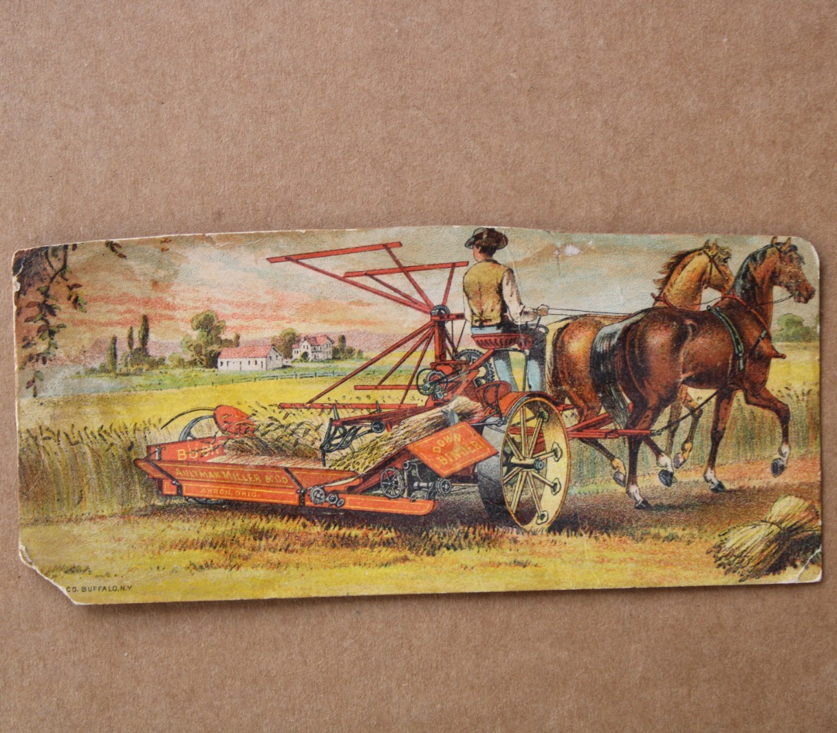 RARE ANTIQUE 1800&rsquo;s AULTMAN MILLER CO. FRONT CUT MOWER Old 6 in. Trade Card Sign