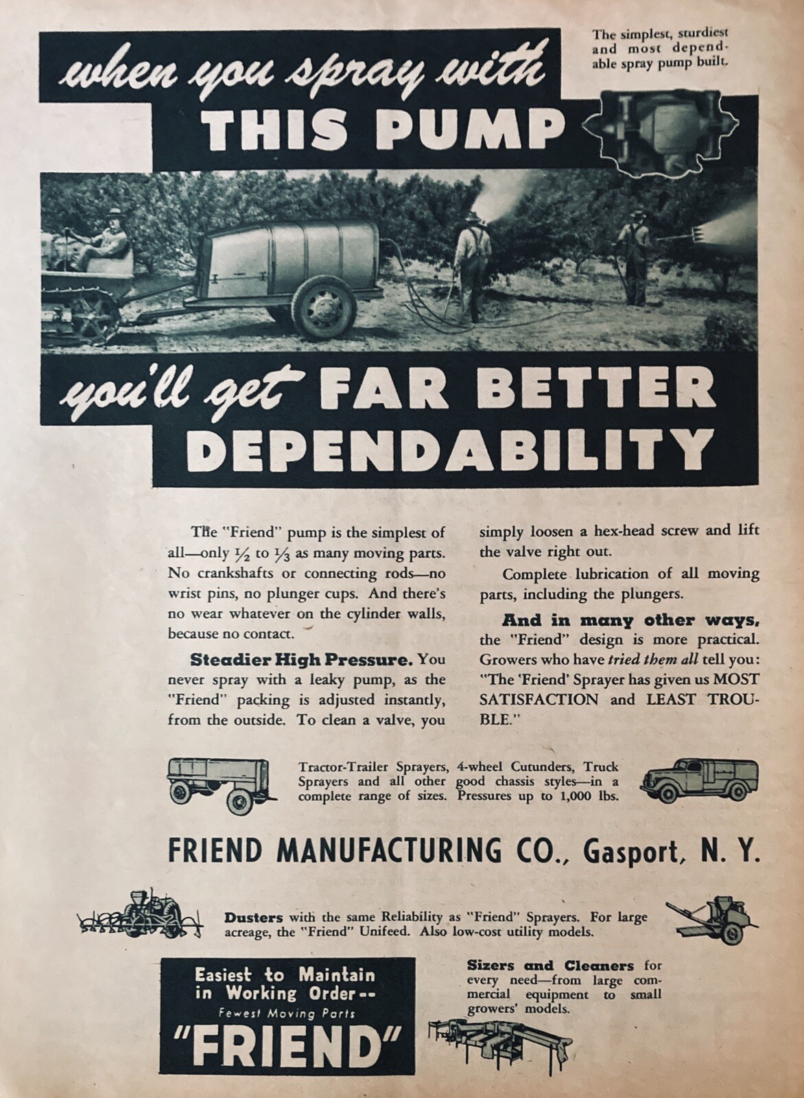1944 AD.(XF9)~FRIEND MFG. CO. GASPORT, NY. FRIEND ORCHARD SPRAYERS