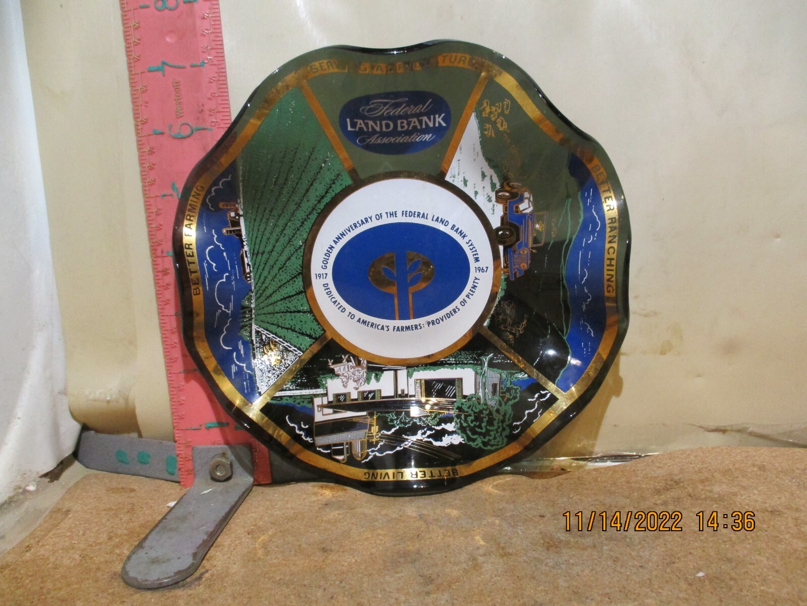 FEDERAL LAND BANK ASSOCIATION BENT GLASS ASH OR PIN TRAY FROM 1967