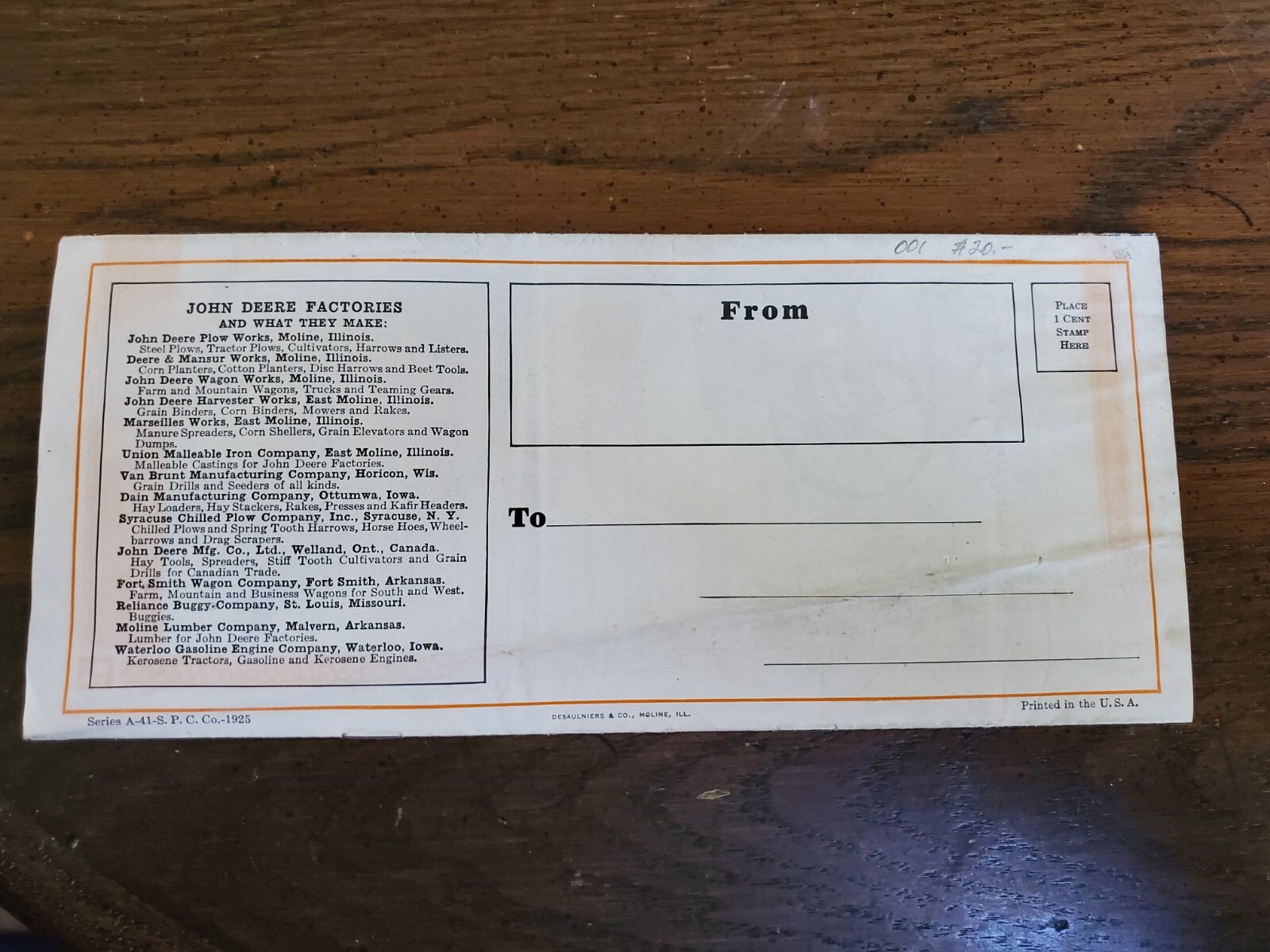 Vintage John Deere Syracuse Mailer, Series A-41-S. P. C. Co.-1925