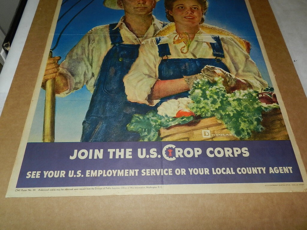 VINTAGE ADVERTISING POSTER- 1943 U.S. CROP CORPS POSTER- WORLD WAR II POSTER