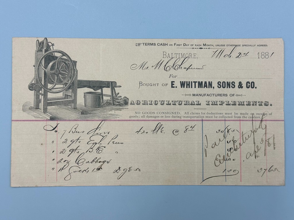 1881 WHITMAN Illustrated FARM MACHINERY Corn ADVERTISING Billhead BALTIMORE