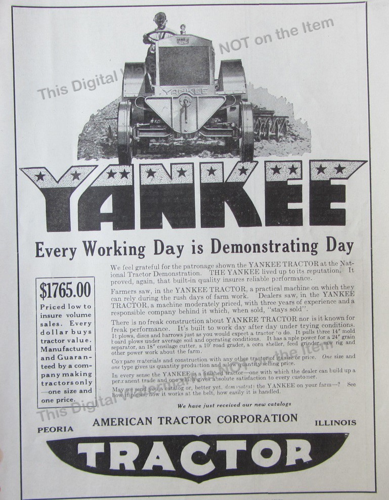 1919 Ad * Yankee Tractor $1765 * American Tractor Corp Peoria Illinois