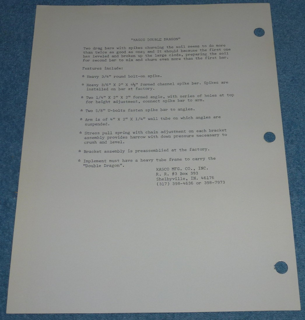 Vintage Kasco Mfg Co Double Dragon Drag Bar Farm Equipment Brochure Print Sheet