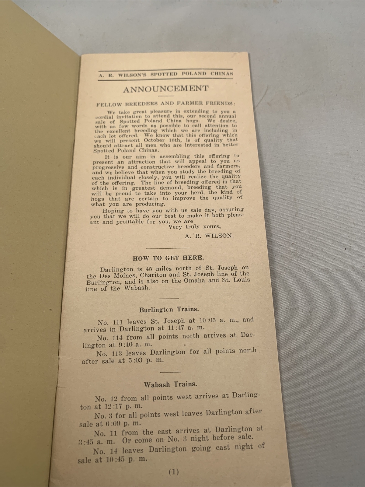 1922 Hog Sale Brochure Wilson’s Prolific Poland China Pig Farm Darlington MO