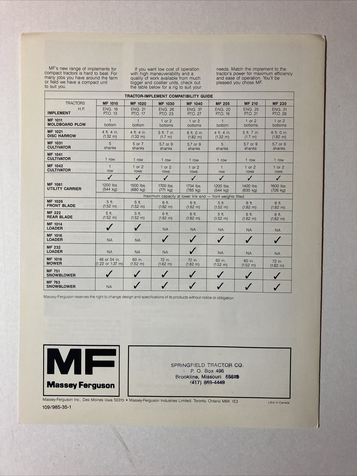 MASSEY-FERGUSON COMPACT IMPLEMENTS 4 PAGES SALES BROCHURE