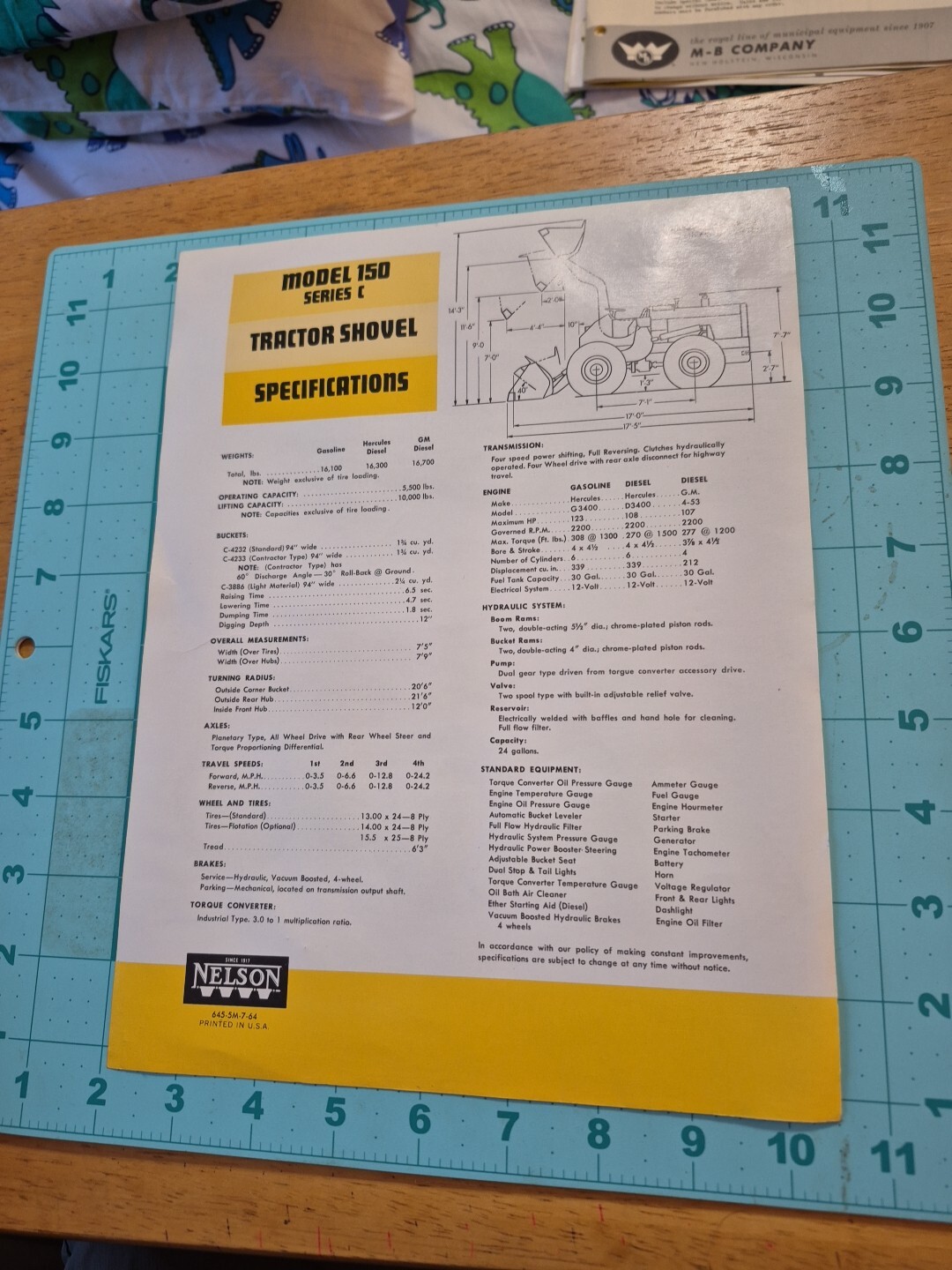 1964 Nelson Loader Tractor Shovel Brochure Specification Sheet 150 Series C