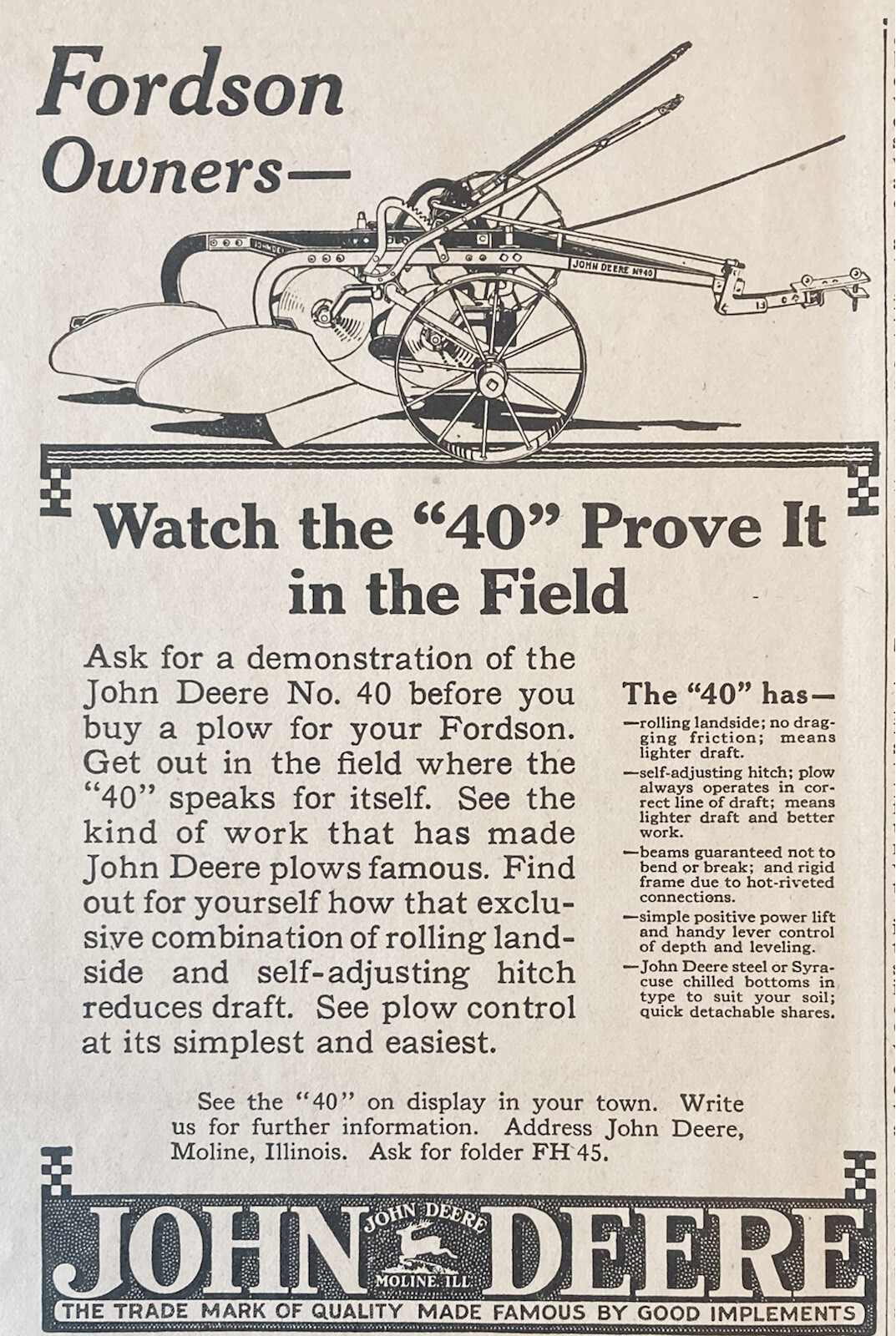 1925 AD.(XG22)~JOHN DEERE CO. MOLINE, ILL. JOHN DEERE NO.40 PLOW