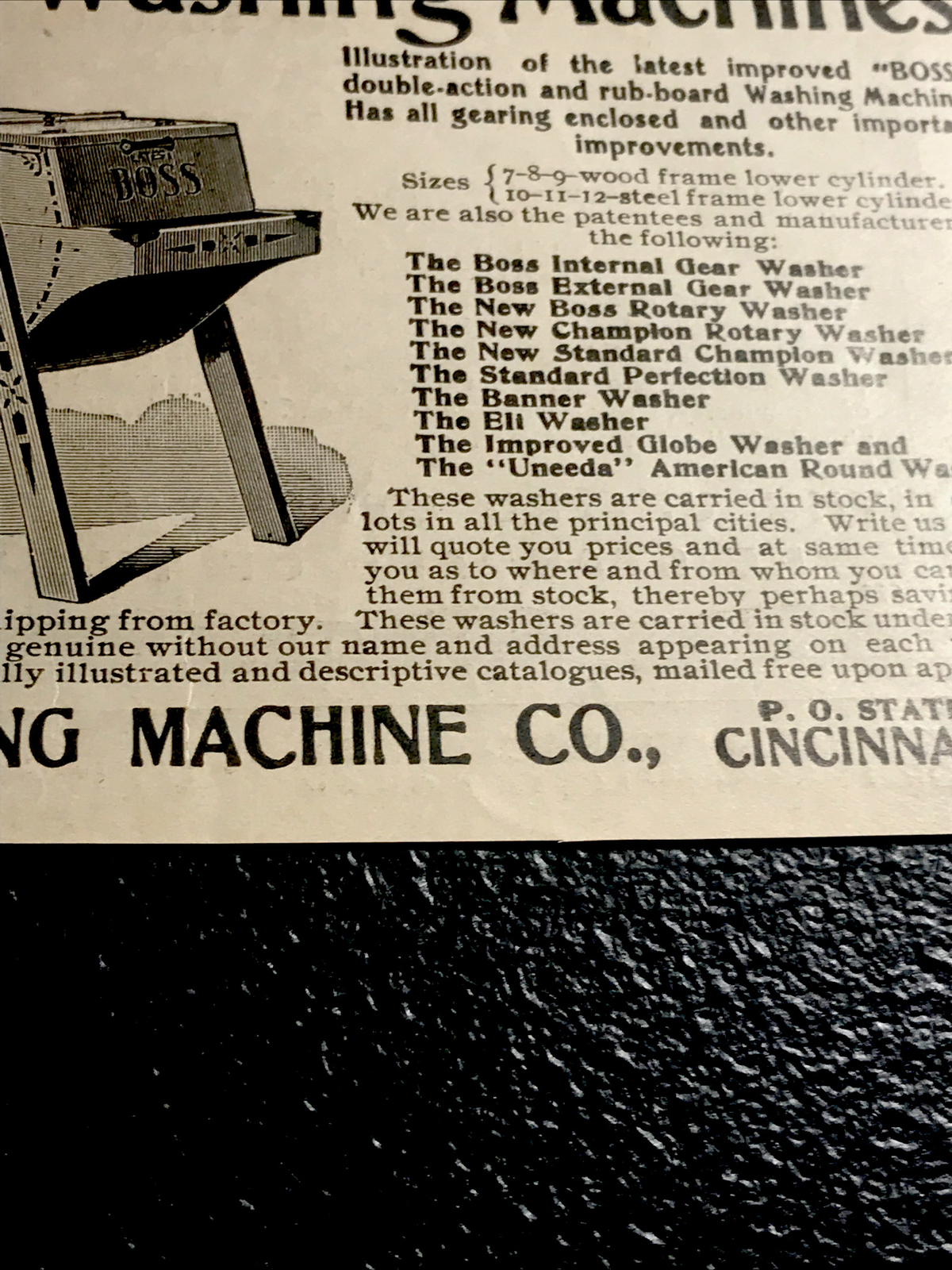 1902 Boss Washing Machine Farm Engraving Advertising – Cincinnati – Ohio