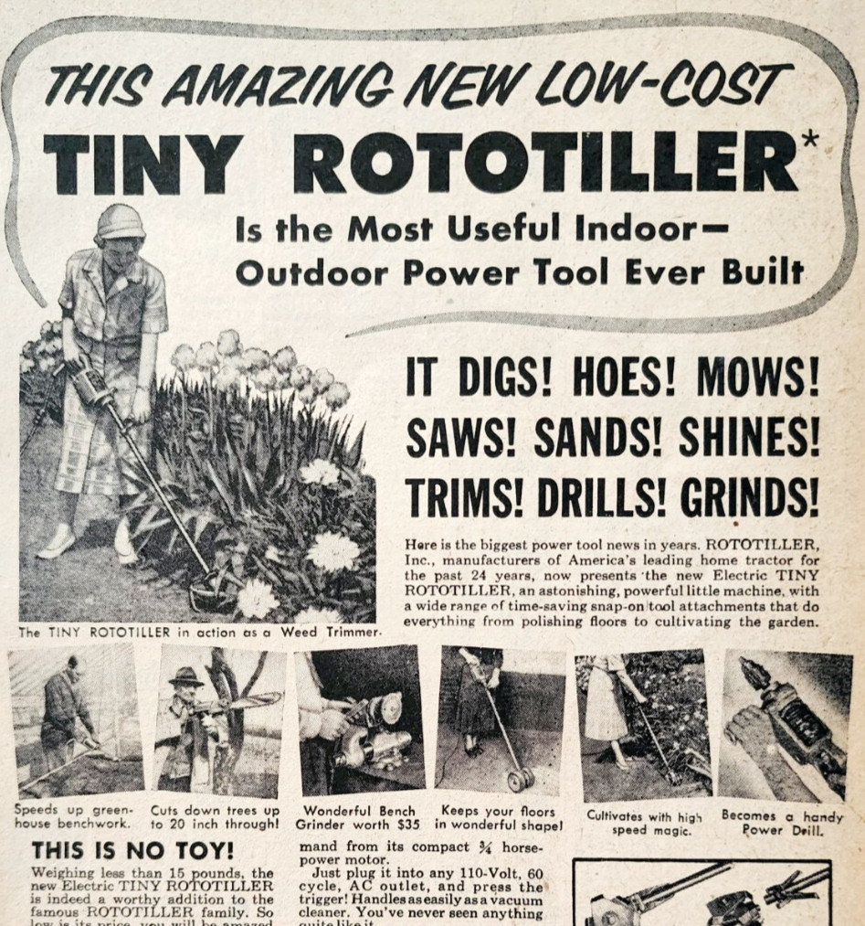 1954 Tiny Rototiller Advertisement Garden Farming Agriculture Tool Vintage DWF27