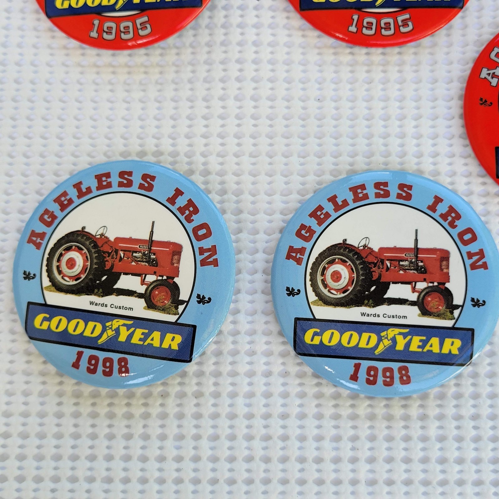 Ageless Iron Good Year Tractor 1995 Round Metal Advertising Buttons lot of 5
