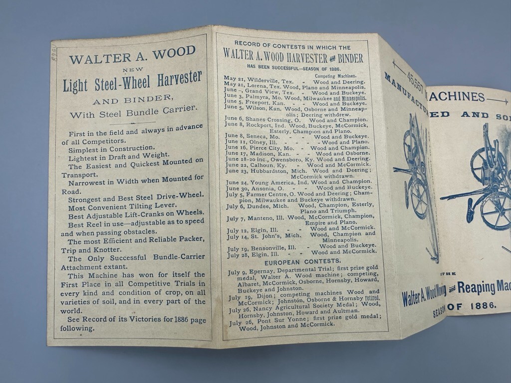 1886 Harvester WALTER WOOD Victorian FARM Advertising Trade Card HOOSICK FALLS