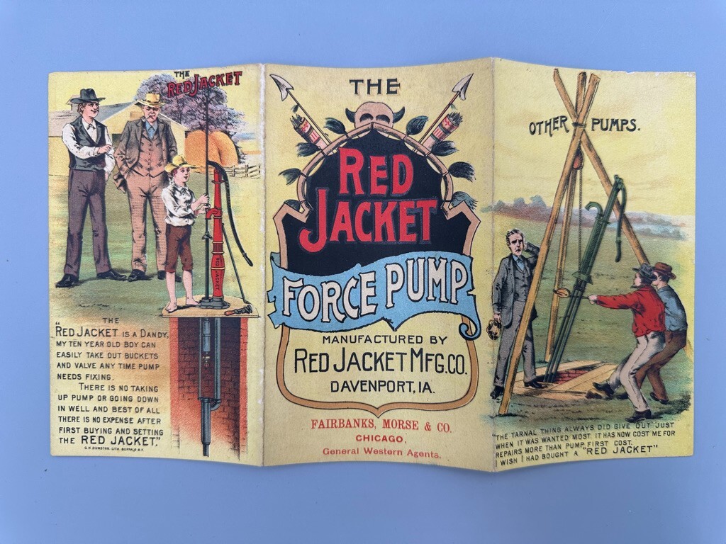 1880s RED JACKET FORCE PUMP Fairbanks Morse Farm Advertise Trade Card DAVENPORT