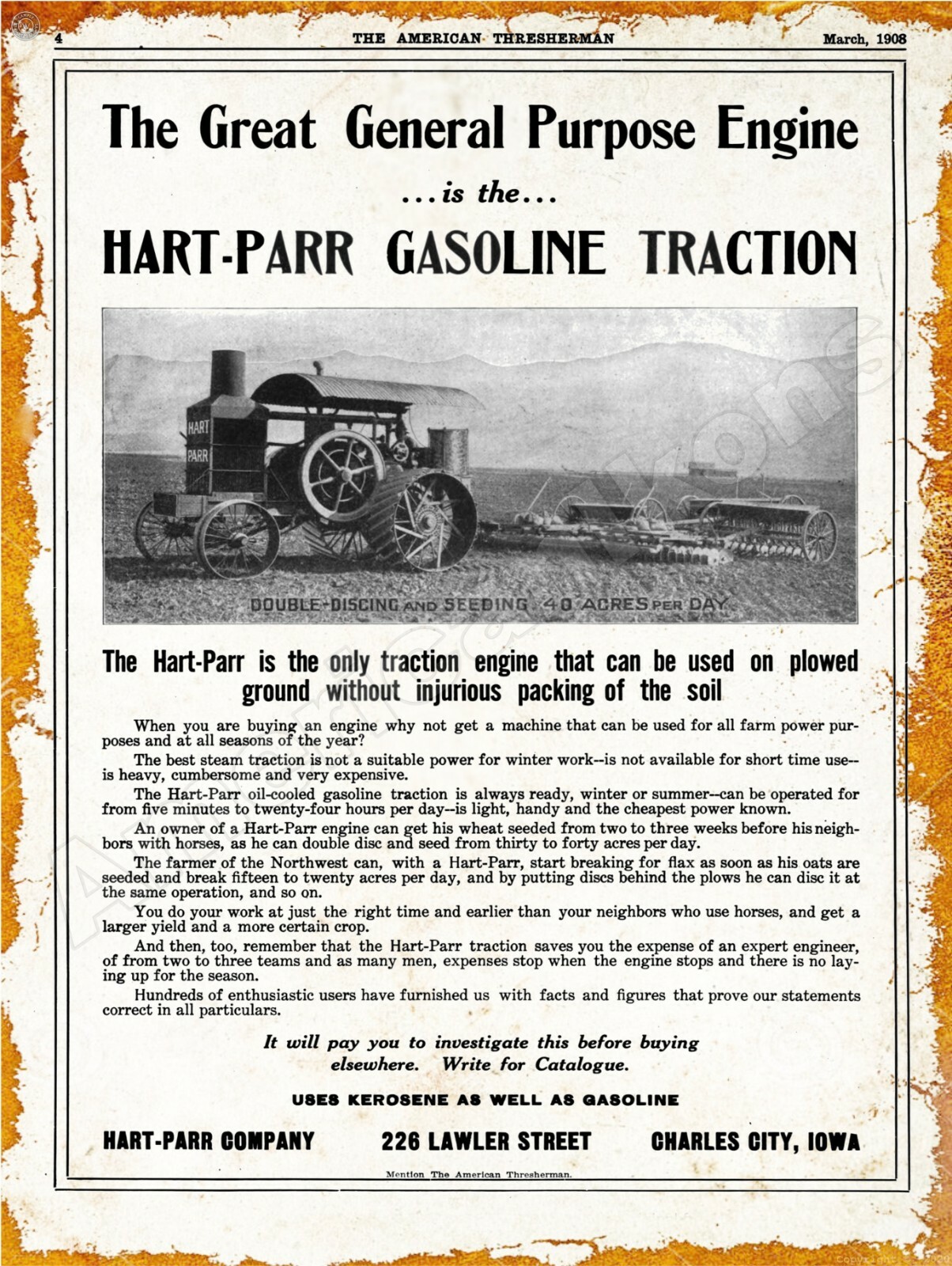 1908 Hart Parr General Purpose Engine,Tractor New Metal Sign: Charles City, Iowa