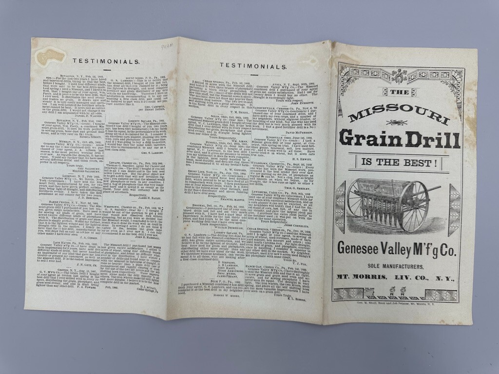 1880s MISSOURI GRAIN DRILL Farm Advertising Genesee Valley Mfg MT MORRIS NY