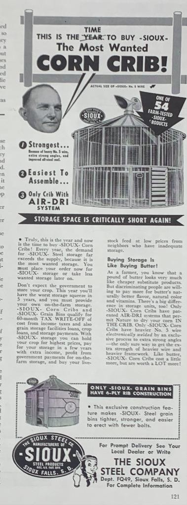 Magazine Ad* – 1954 – Sioux Steel Co., Sioux Falls, SD – Corn Cribs