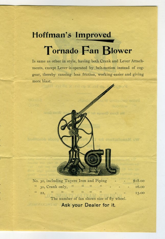 « TORNADO » FAN BLOWERS J. G. Hoffman Chicago 1875? Advertising leaflet