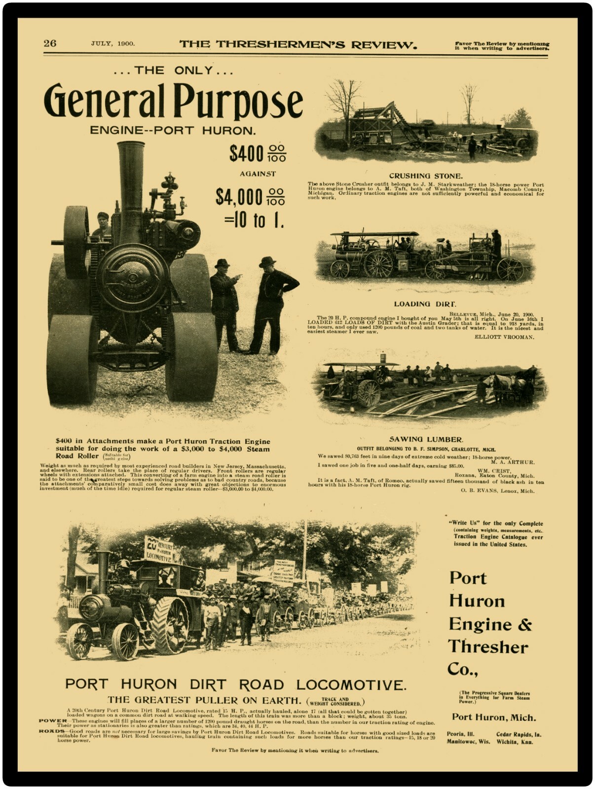 1900 Port Huron Engine & Thresher Company New Metal Sign: Dirt Road Locomotive!