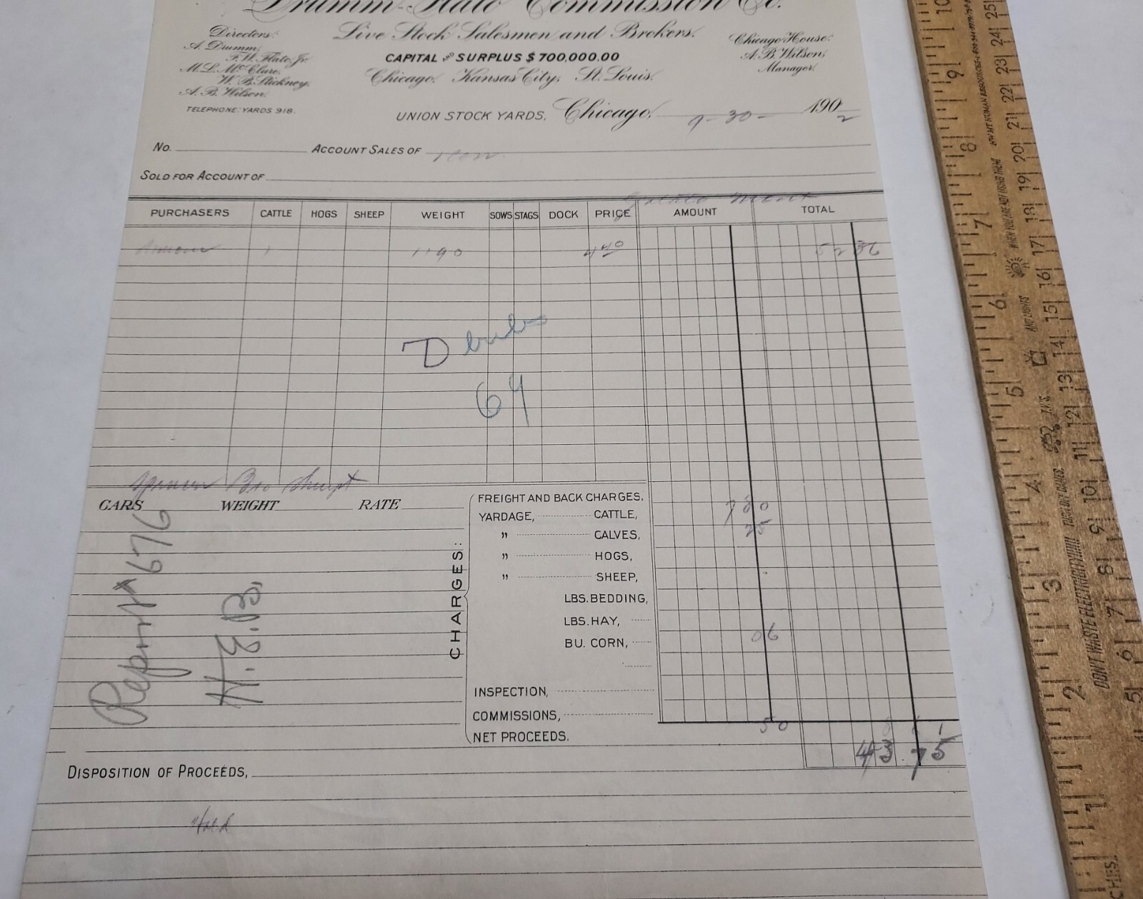 1902 Drumm-Flato Commission Co – Live Stock Salesmen a – RECEIPT – listing #7448