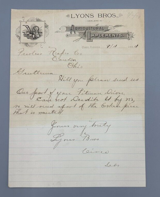 1894 Lyons Bros AGRICULTURAL IMPLEMENTS Farm Advertising Letter CISCO ILLINOIS