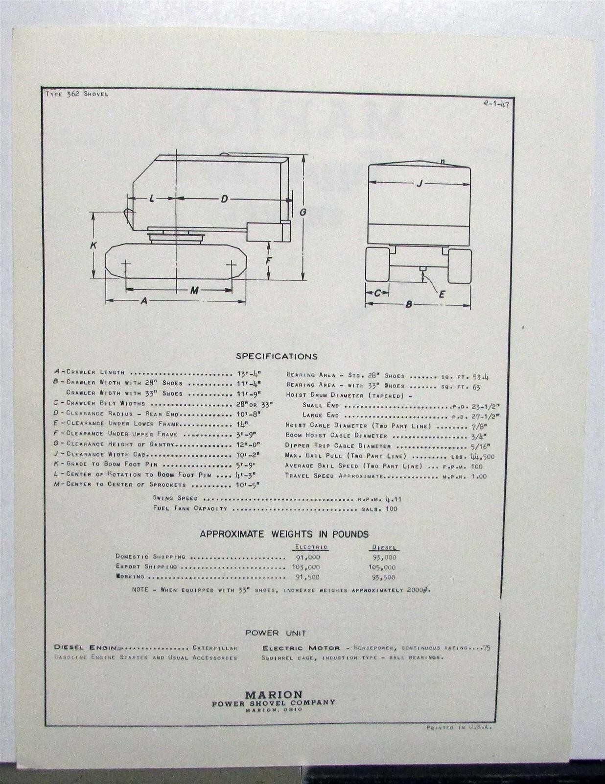 1947 Marion 362 Shovel Specifications Construction Sales Data Sheet