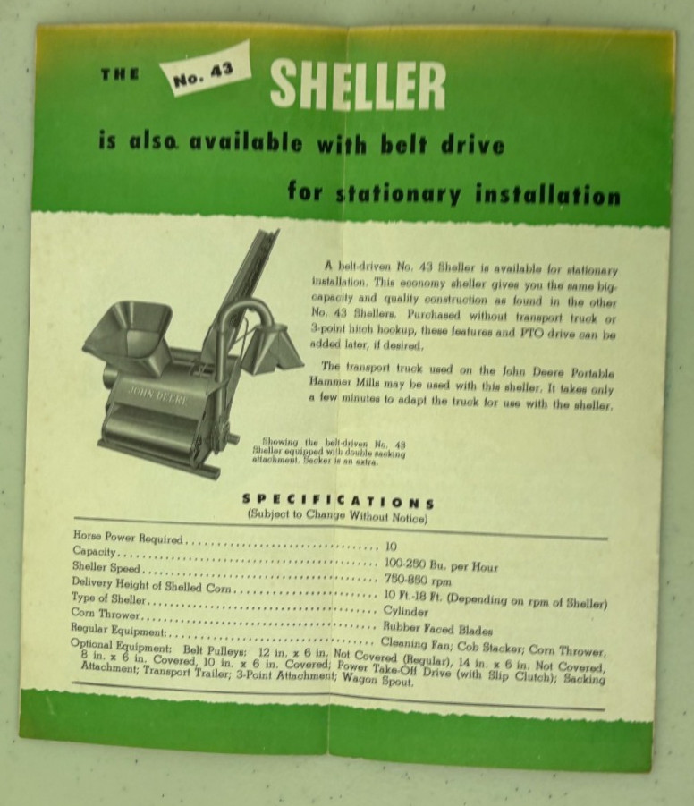 John Deere No. 43 Power Driven Portable Sheller For 1954 Brochure DCPA26